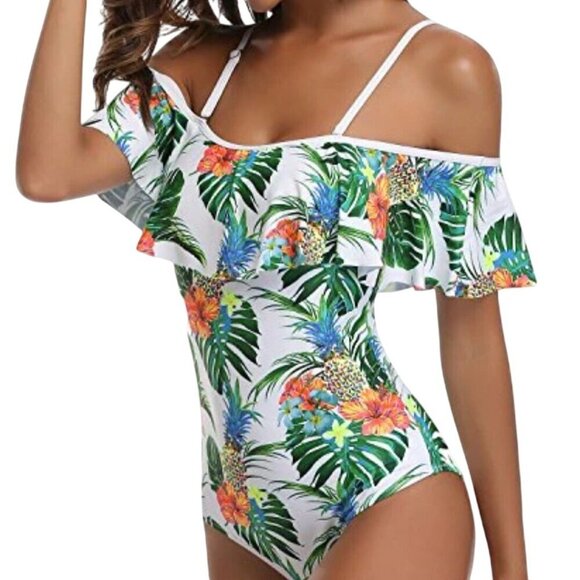 Tempt Me White Pineapple Tropical Off Shoulder Flounce One Piece Swimsuit Size L - Picture 4 of 7